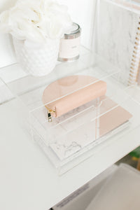 Upper view of the Minima Basics acrylic 2 drawer storage box with a pencil case, notebooks, plants and candle