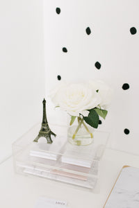 Minima Basics acrylic 2 drawer box styled with the Eiffel tower and a white rose, with cute sticky notes and notebooks